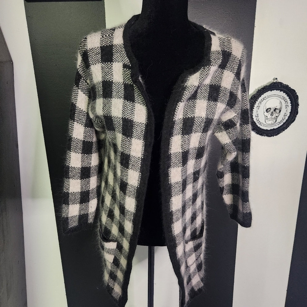Angora Black and Pink Checkered Cardigan